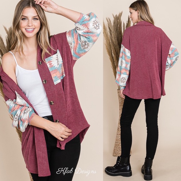❤️LAST! Wine Aztec Contrast Plush Oversized Button Up Jacket! - Picture 2 of 11